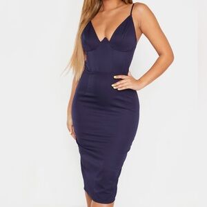 Never Worn!! V Bar Binded Midi Navy Blue Dress-Pretty Little Thing